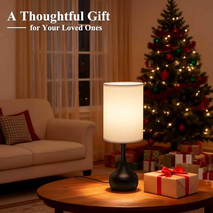 ONEWISH Touch Bedside Lamp for Bedroom, 3-Way Dimmable Table Lamps for Nightstand, White Fabric Shade Desk Lamp for Kids Reading, Living Room, Home Office