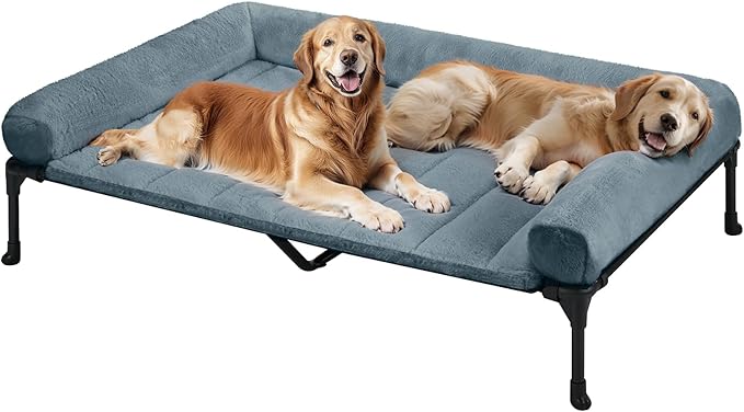 Veehoo Cooling Elevated Dog Bed with Fluffy Plush Bolster Cushion, Indoor Raised Dog Beds for Large Dogs, Soft Pet Sofa Cot with Removable Washable Mat, No-Slip Feet, 59 x 37 inches, Haze Blue