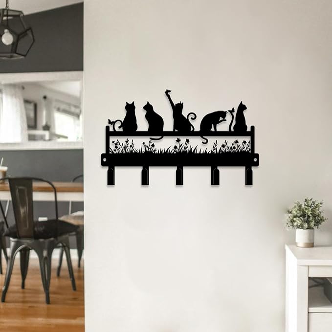 magilab Cat-Themed 10-Inch Iron Key Hooks with 5 Hooks, Black Wall Organizer - Cute Cat Design for Home Decor, No Drill & Screw-in Options (Style I)