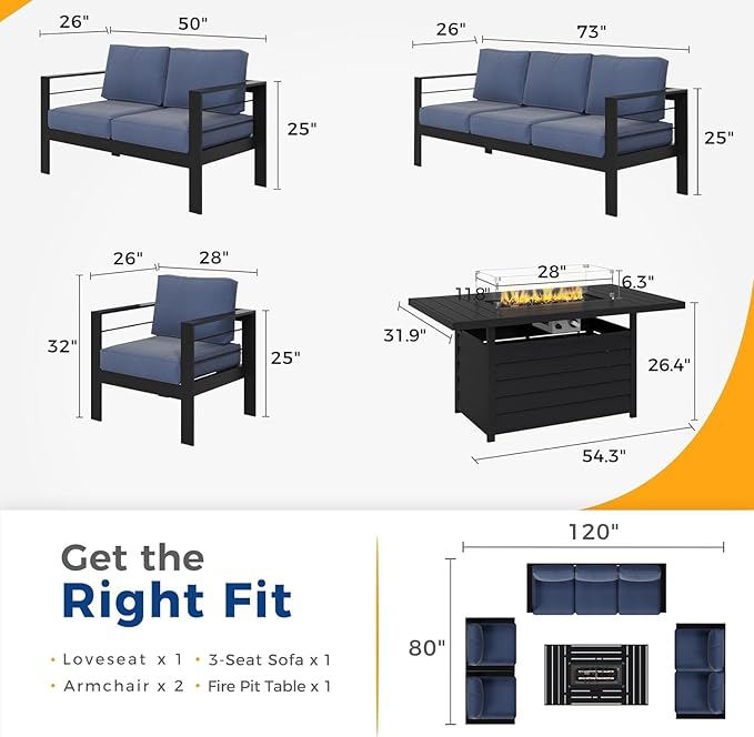 Wisteria Lane Aluminum Patio Furniture Set, 7 Seats Metal Outdoor Furniture Set with CSA Certified 54in Propane Gas Fire Pit Table, Patio Conversation Set with 5in Olefin Cover Cushions (Blue)