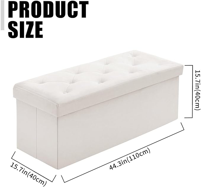 BRIAN & DANY 43 Inches Folding Storage Ottoman Bench, Velvet Ottoman with Storage for Living Room, Long Shoes Bench, Flannelette Footrest Benches Seat (White)