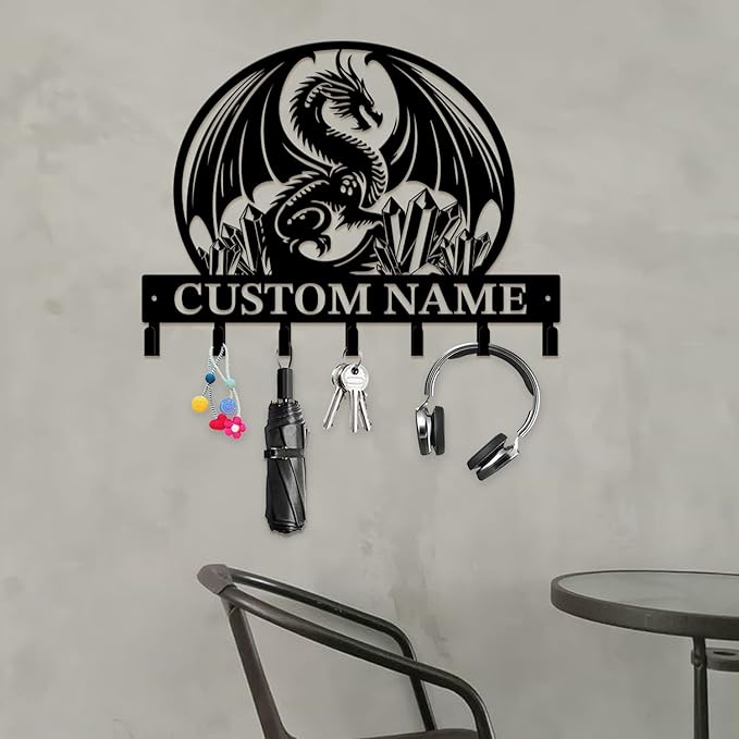 Customized Name Key Hook - Evil Dragon Design Keys Holder Decor Black Iron Metal Wall Organizer for Home & Office (Multiple Sizes) (Style A)
