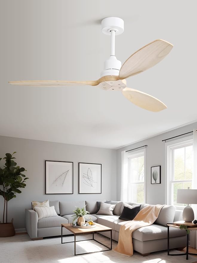 Sofucor Ceiling Fan no Lights, 52 Inch Modern Wood Ceiling Fan with Remote, 3 Wooden Blades and 3 White Downrods, for Indoor Bedroom Living Room Outdoor Patio Porch, Reversible DC Motor, Quiet