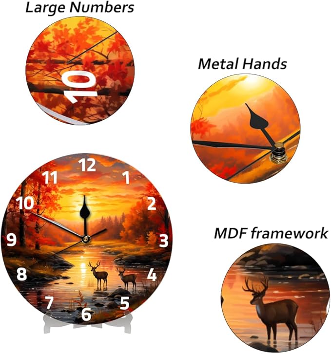 Forest River Sunset Deer Wall Clock Battery Operated 10 in Round Wall Clocks Slilent Non Ticking Quartz Analog Clock for Bedroom Kids Living Room Classroom Decor