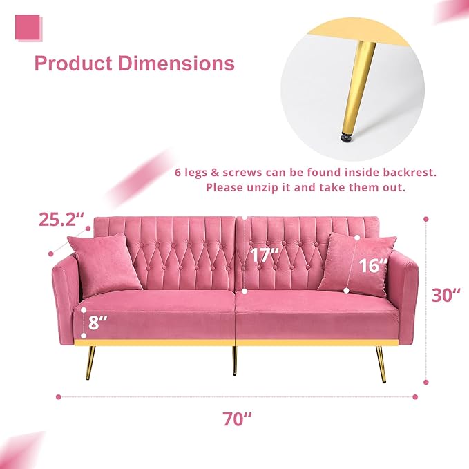 70” Velvet Futon Sofa Bed with 2 Pillows and Adjustable Armrests, Convertible Sleeper Bed, Modern Loveseat for Living Room, Bedroom, Pink