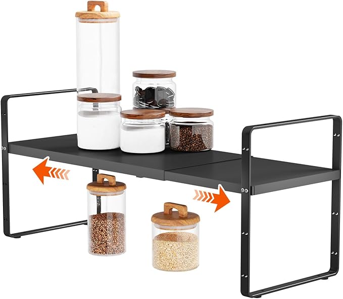 16.5-27’’L Expandable Cabinet Countertop Shelf Organizer, Stackable Metal Shelves, Kitchen Organizers and Storage, Black Storage Spice Rack for Pantry and Cupboard