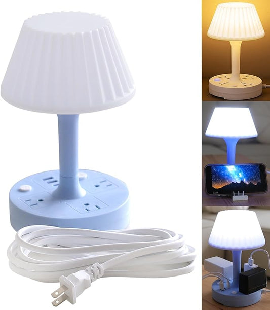 Table Lamp with USB Port and Outlet, Small Desk Lamp for Bedroom, 3-Colors Dimmable LED Lamps Eye Care Night Stand Lights, USB Charging Desk Lights for Home Office/Living Room