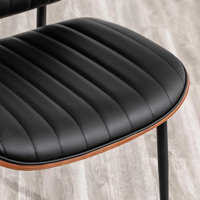 LUNLING Dining Chairs Set of 2 Mid Century Modern Retro Faux Leather Chair with Walnut Bentwood Upholstered Seat Metal Legs Chairs,Adjustable Foot for Kitchen Dining Room Chairs(Black)