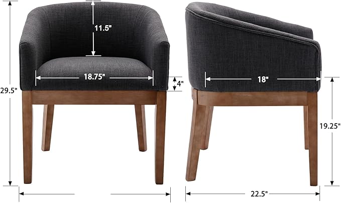 Mid-Century Modern Charcoal Dining Chairs Set of 4, Linen Upholstered Kitchen Dining Room Chairs with Wood Legs, Curved Backrest Armchairs, Charcoal