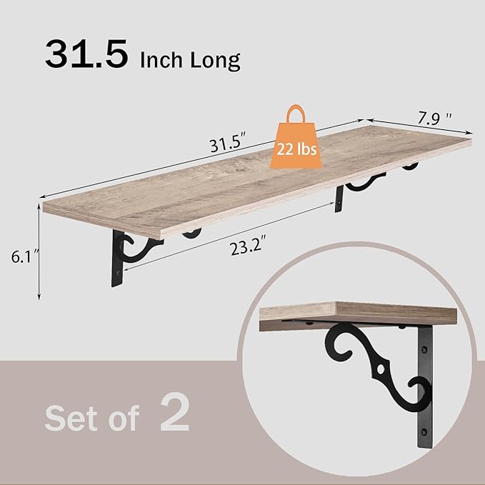 DINZI LVJ Long Wall Shelves, 31.5" Large Floating Shelves Set of 2, Farmhouse Display Shelf Wall Mounted with Heavy Duty Brackets, Easy Assembly for Kitchen, Bathroom, Bedroom, Balcony, Greige