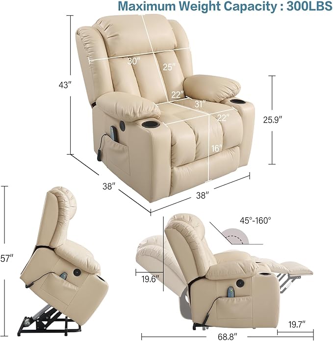 PARKOL Power Lift Recliner Chair for Elderly Breathable Leather Recliner Chair with Massage and Heat for People Limited Mobility (Beige, Small)