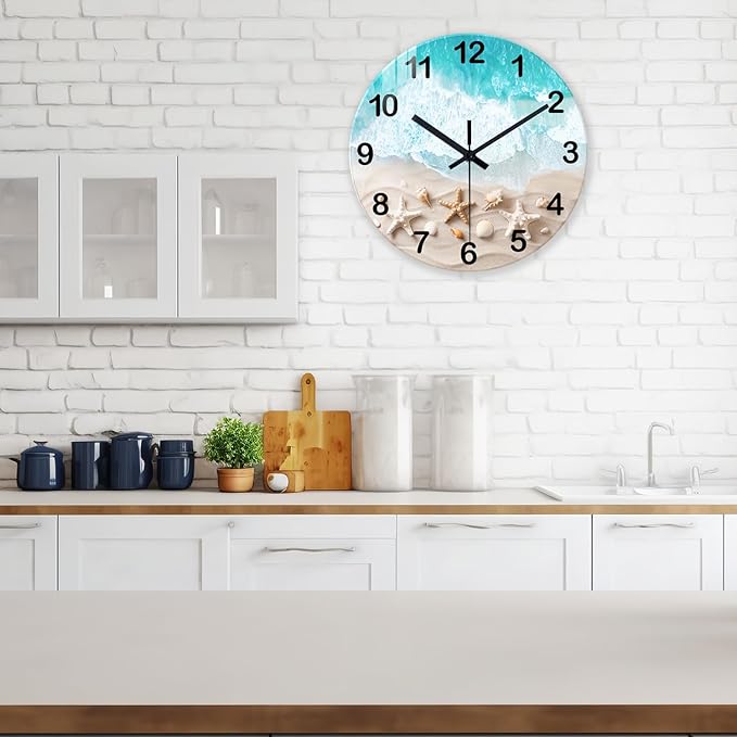 XNM 20 Inch Glass Large Wall Clocks for Living Room Decor Battery Powered Blue Beach Clock Analog Non Ticking Wall Clock Silent