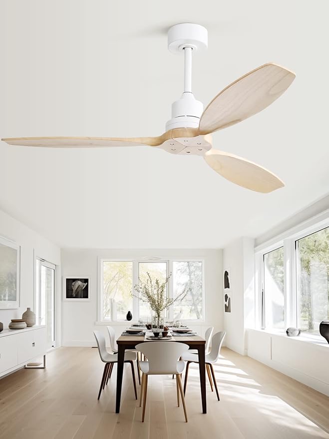 Sofucor Ceiling Fan no Lights, 52 Inch Modern Wood Ceiling Fan with Remote, 3 Wooden Blades and 3 White Downrods, for Indoor Bedroom Living Room Outdoor Patio Porch, Reversible DC Motor, Quiet