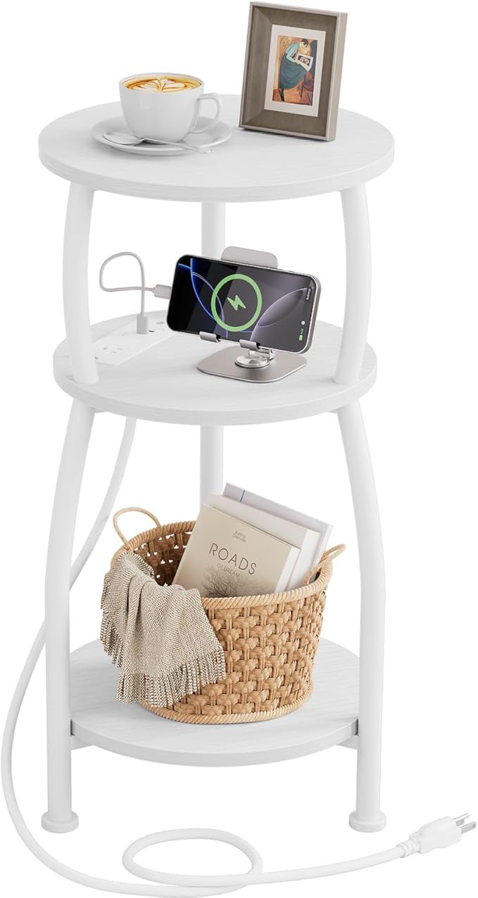 Round Side Table with Power Outlet & USB Ports, 3-Tier End Table with Storage Shelf, Modern Rustic Nightstand, Small Spaces Accent Table for Living Room Bedroom, Easy Assembly, White