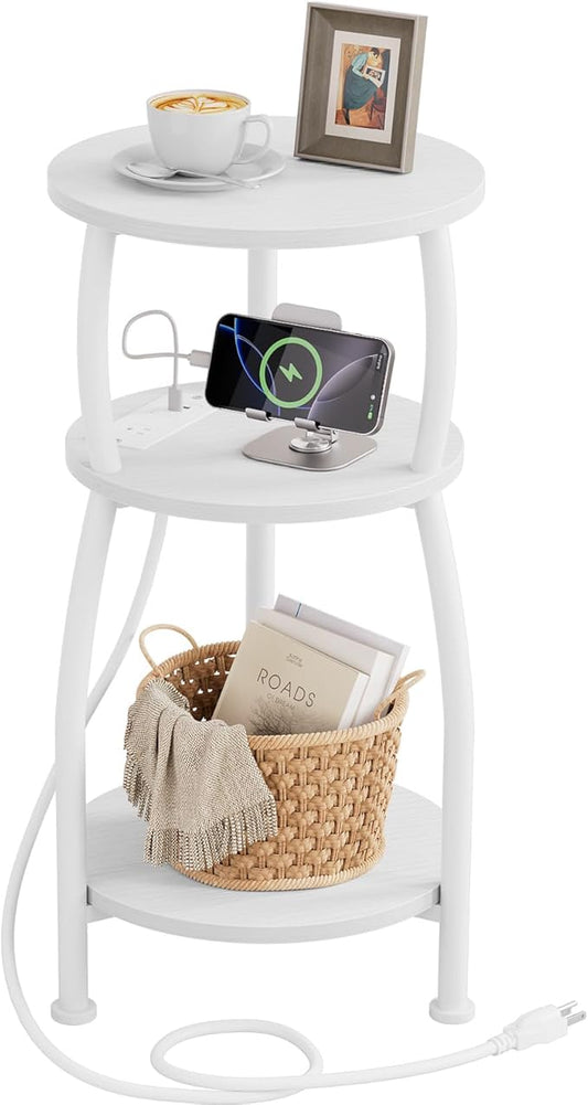 Round Side Table with Power Outlet & USB Ports, 3-Tier End Table with Storage Shelf, Modern Rustic Nightstand, Small Spaces Accent Table for Living Room Bedroom, Easy Assembly, White