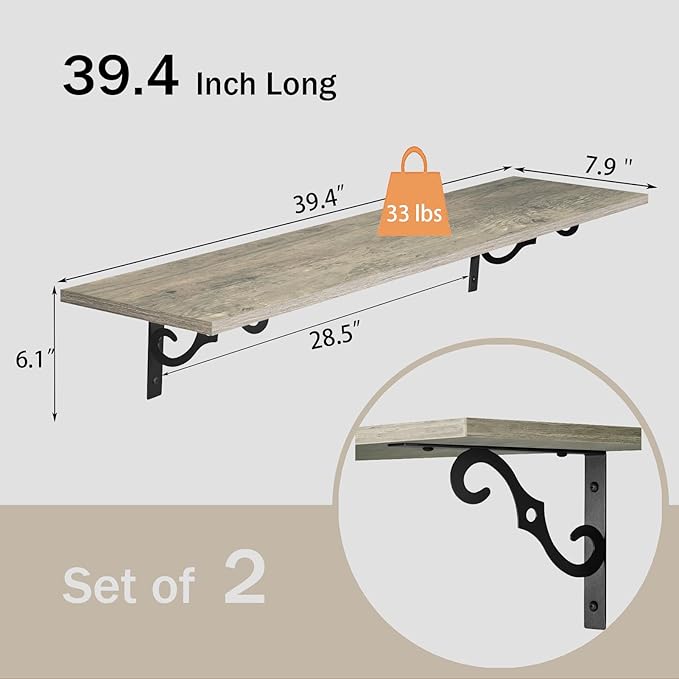 DINZI LVJ Long Wall Shelves, 39.4" Large Floating Shelves Set of 2, Farmhouse Display Shelf Wall Mounted with Heavy Duty Brackets, Easy Assembly for Kitchen, Bathroom, Bedroom, Balcony, Gray Wash
