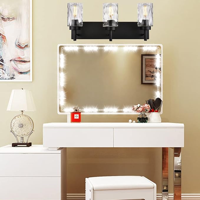 BONLICHT Vanity Light Fixtures 3 Light Modern Wall Sconces Lighting Black Bathroom Lights Wall Mounted with Hammered Glass Shade,Farmhouse Wall Light for Mirror Cabinets, Powder Room, Dressing Table