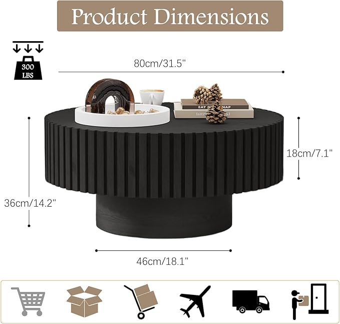 Fluted Coffee Tables 31.5" Round Wood Coffee Table Modern Handcraft Drum Coffee Tables with Sturdy Pedestal Unique Coffee Table for Living Room Home Office (Round Black)