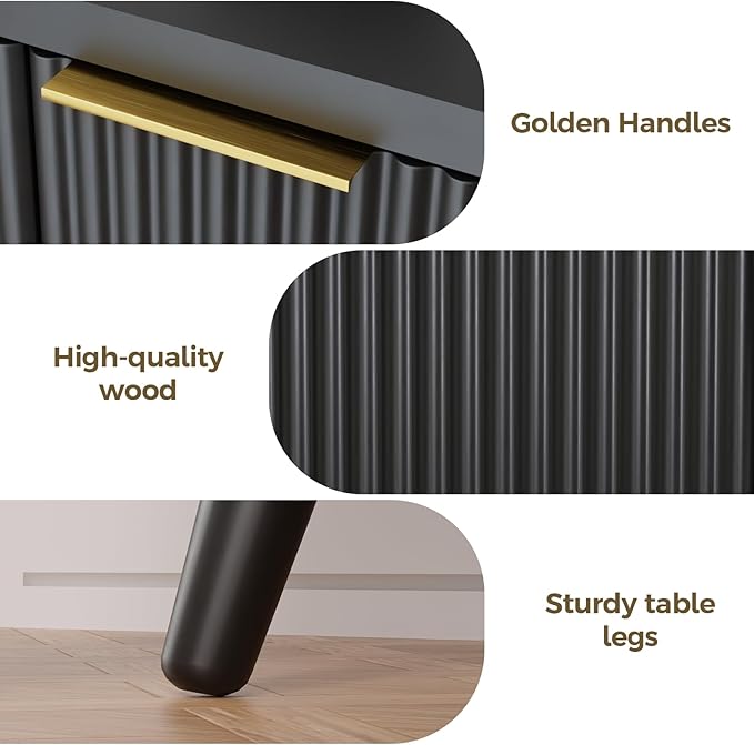 4-Door Fluted Sideboard Buffet Cabinet, 47" Large Storage Cabinet with Shleves, Wood Modern Accent Credenza Kitchen Table for Dining Room, Living Room & Entryway, Black