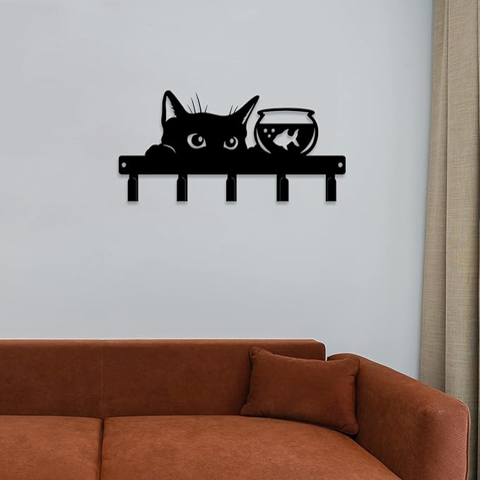 magilab Cat-Themed 10-Inch Iron Key Hooks with 5 Hooks, Black Wall Organizer - Cute Cat Design for Home Decor, No Drill & Screw-in Options (Style F)
