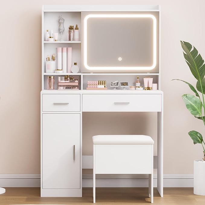 Vanity Desk with Sliding Mirror & Power Outlets - Dimmable LED Lighting, 4 Open Shelves, 2 Drawers, 1Storage Cabinet & Padded Stool - Ideal Bedroom Makeup Dressing Table （White）