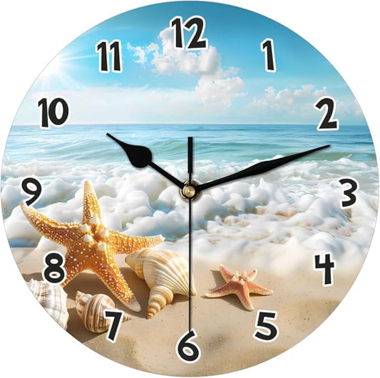 Ocean Sea Beach Starfish Seashell Wall Clock Battery Operated 10 in Round Wall Clocks Slilent Non Ticking Quartz Analog Clock for Bedroom Kids Living Room Classroom Decor