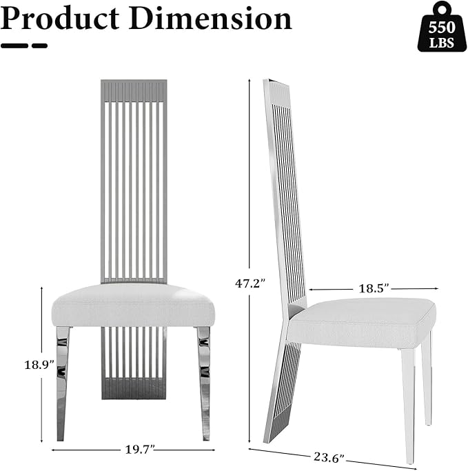 Luxury Dining Chair Set of 8, Polished Silver High Back Kitchen Chairs, Modern Simple Dining Chairs with Upholstered Padded Seat and Sturdy Metal Mirrored Legs for Dining Room,Kitchen