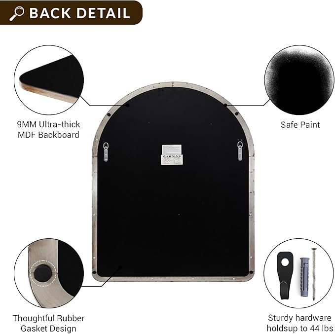 ANDY STAR Arched Mirror, 30 x 36 Inch Brushed Nickel Wall Mirror in Stainless Steel Metal Frame, Arch Top Rounded Corner 1 Inch Deep Set Design Wall Mount Hangs Vertical