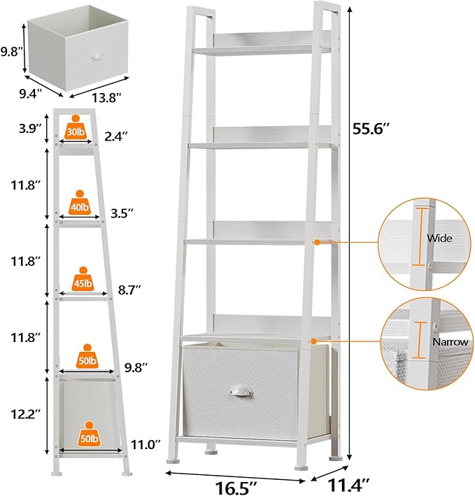 Furologee 5-Tier White Ladder Shelf, Ladder Bookshelf with Removable Drawer, Mordern Bookcase Storage Rack Organizer, Wood Metal Freestanding Storage Shelves for Living Room, Home Office, Bedroom