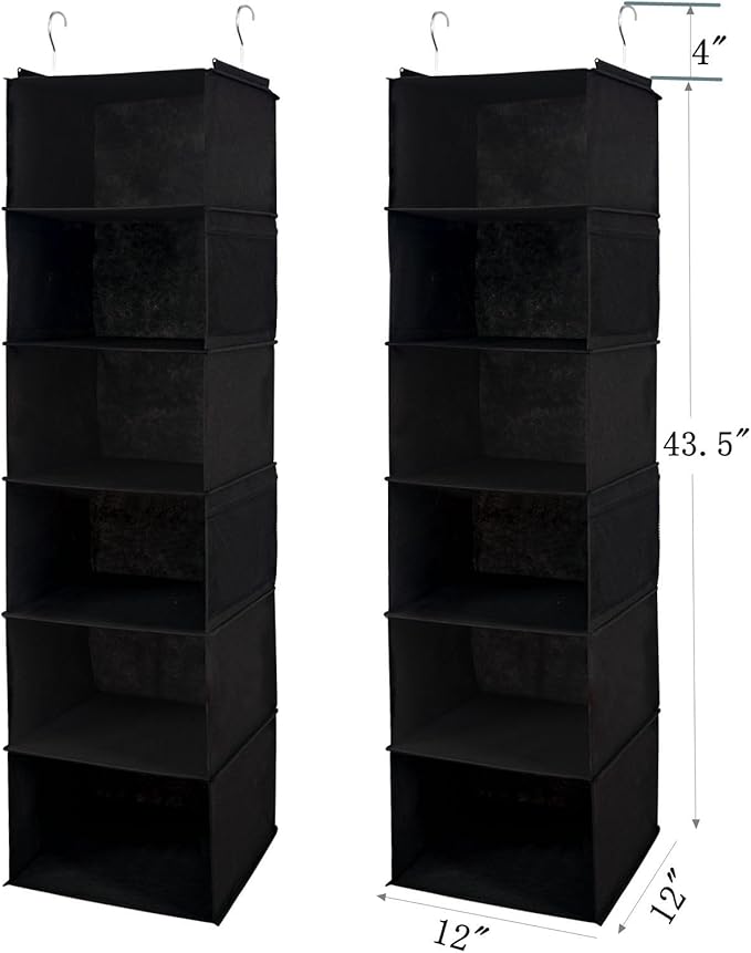 6 Shelves Hanging Closet Organizer, 2 Pack Hanging Storage with 4 Side Pockets for Clothes Shoes, 43.5"x12"x12"(Black)