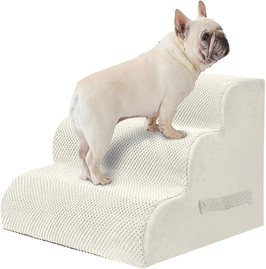 PAWSCART Dog Stairs for Small Pets, 17.7" H with 30D Material Soft Foam, Portable Ramp Non-Slip Surface Non-Slip for Couch and High Bed Climbing, 3-Step Stairs for Cat or Dog, Beige