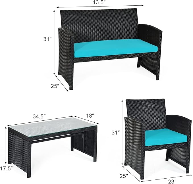 Tangkula 4 Pieces Patio Wicker Conversation Furniture Set, Patiojoy Sofa & Table Set w/4 Seats, Outdoor Rattan Sofa Set for Balcony Backyard, Wicker Chair Set with Tempered Glass Coffee Table