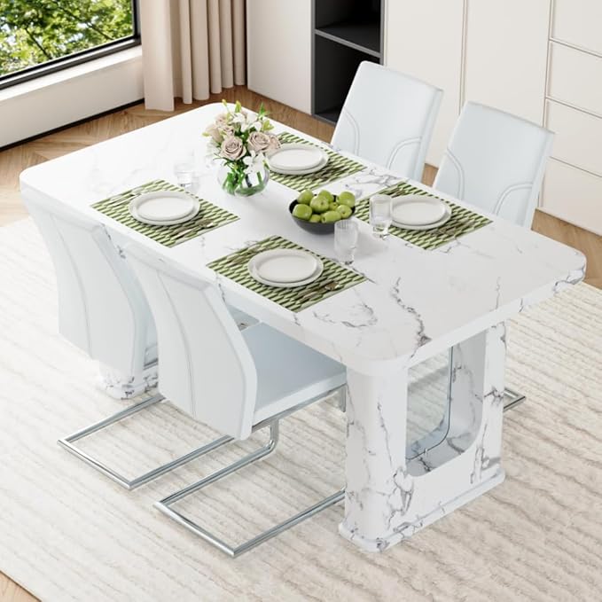 64.5" White Dining Table Set for 4, Modern Kitchen Table and Chairs Set with PU Leather Cushioned Chairs & Decorative Pedestal Base, 5 Piece Marble Pattern Dining Table Set for Dining Room or Kitchen