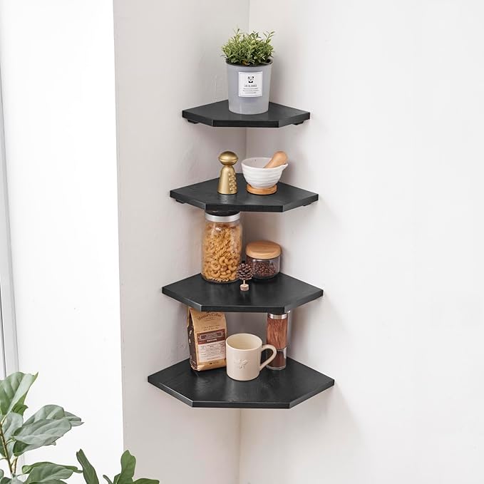 Corner Shelf Wall Mount, Set of 2 Solid Oak Wood Floating Corner Shelves with Wire Hole Display Shelf with Wire Hole Small Plant Display for Kitchen Living Room Bedroom Black
