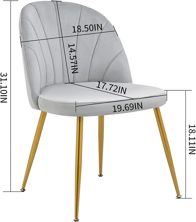 Velvet Dining Chairs Set of 2, Upholstered Mid Century Modern Dining Chairs, Armless Accent Chair with Metal Gold Legs for Living Room, Kitchen, Dining Room, Grey