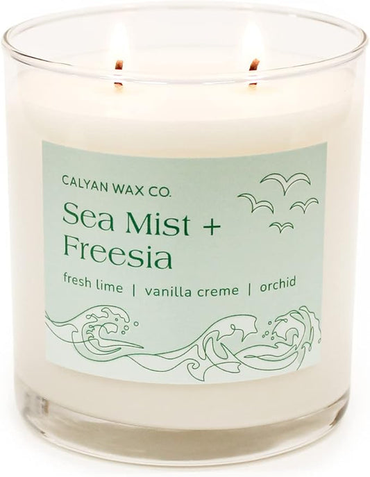 Calyan Wax Co. Sea Mist & Freesia 2 Wick Scented Candle - 37 Hour Burn - Luxury Non Toxic Soy Wax Candles - Long Lasting Large Glass Jar Candle for Home - 8.8oz