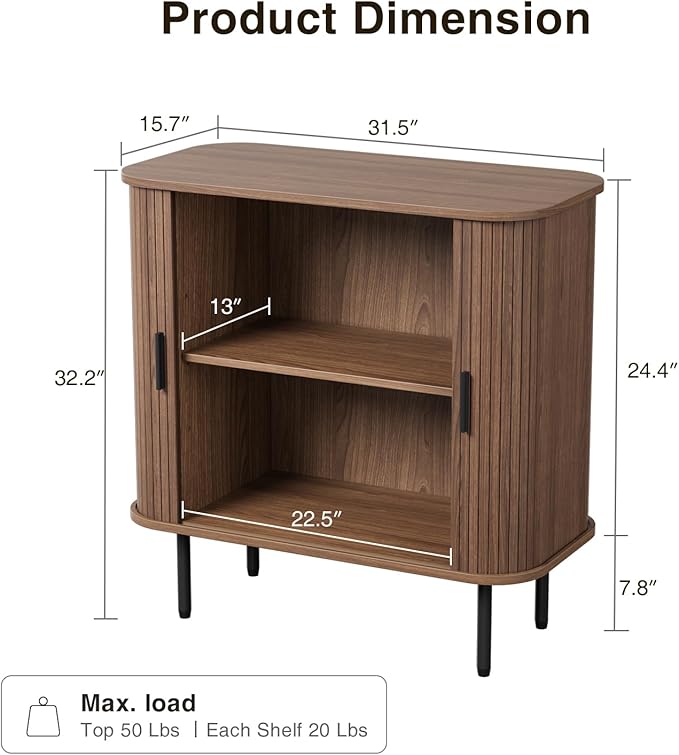 31''W Walnut Buffet Sideboard Cabinet with Storage, Fluted Accent Storage Cabinet with Curvy Edge, Sliding Door, Freestanding Credenza, Console Table for Living Room, Kitchen, Hallway