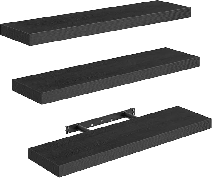 Floating Shelves for Wall, 1.5" Thick Wall Shelf Set of 3 with Invisible Brackets, 23.6L x 7.9W Hanging Book Shelves Farmhouse Home Decor for Bathroom, Living Room, Bedroom, Black 6301BJP3BK