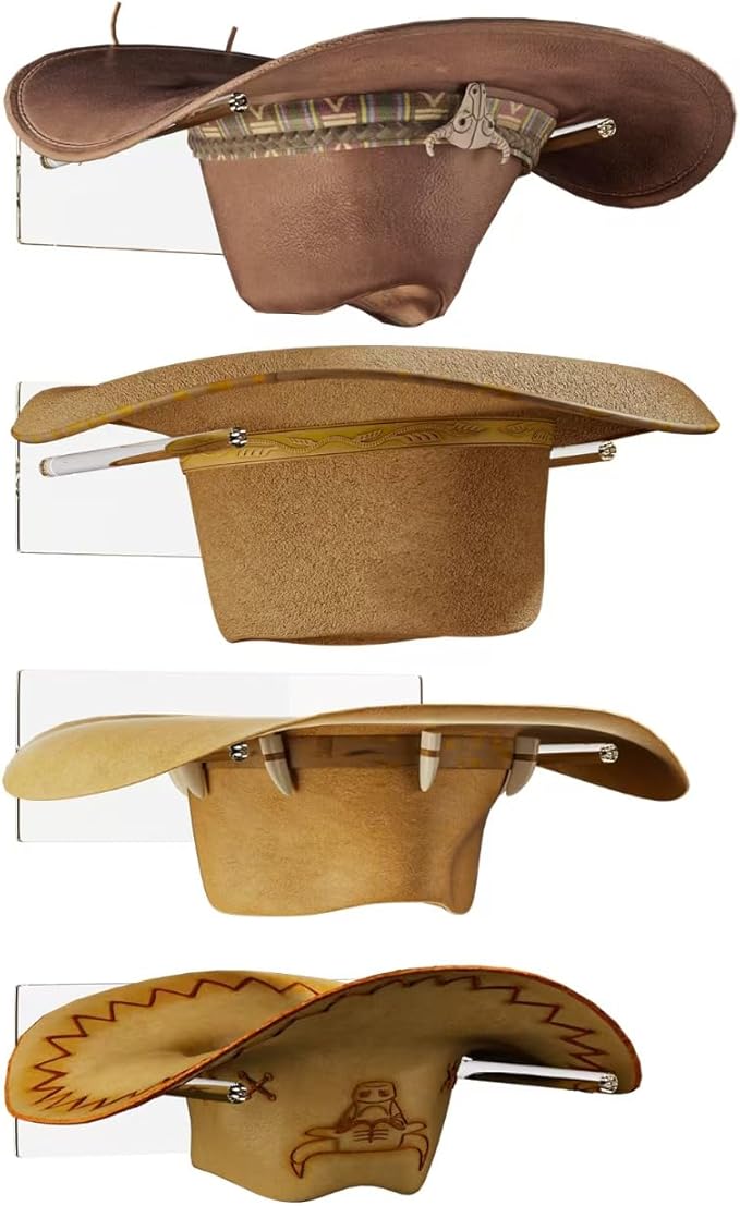 Cowboy Hat Rack for Wall: 4 Pack Acrylic Hat Holder Organizer - Western Rustic Wall Mounted Hat Hanger Stand for Cowboy Hat, Fedora, Sun Hats