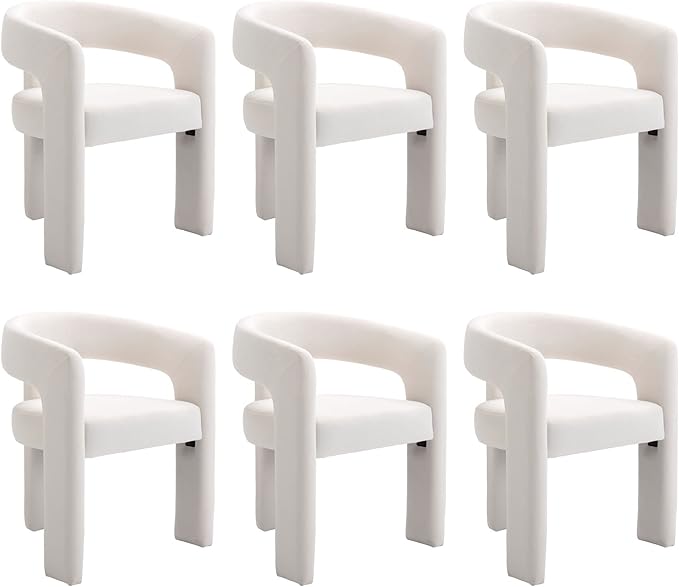 Set of 6 Modern Velvet Fabric Upholstered Dining Chairs with Open-Back, Cute Barrel Side Chairs Kitchen Armchair Accent Chairs for Dining Room Bedroom, Ivory