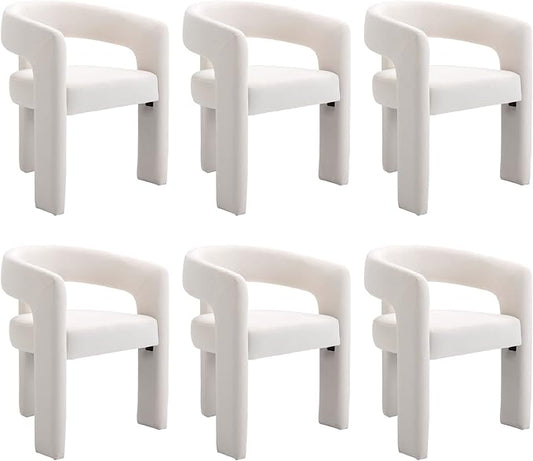 Set of 6 Modern Velvet Fabric Upholstered Dining Chairs with Open-Back, Cute Barrel Side Chairs Kitchen Armchair Accent Chairs for Dining Room Bedroom, Ivory