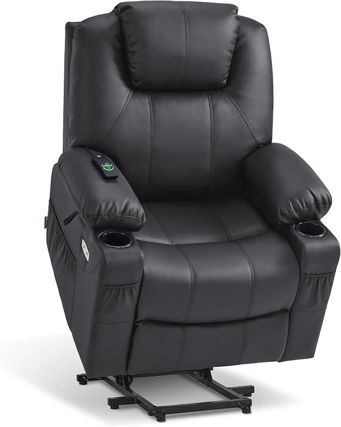 MCombo Power Lift Recliner Chair for Elderly, Lift Chair with Heat and Massage, FSC Certified, USB Ports, Cup Holders, Faux Leather 7040 (Black, Medium)