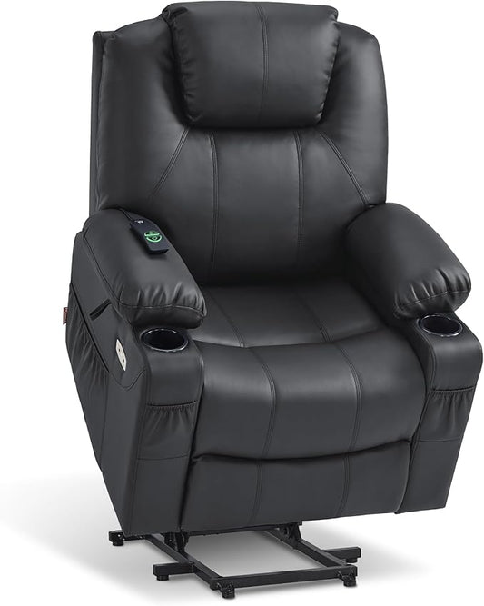 MCombo Power Lift Recliner Chair for Elderly, Lift Chair with Heat and Massage, FSC Certified, USB Ports, Cup Holders, Faux Leather 7040 (Black, Medium)