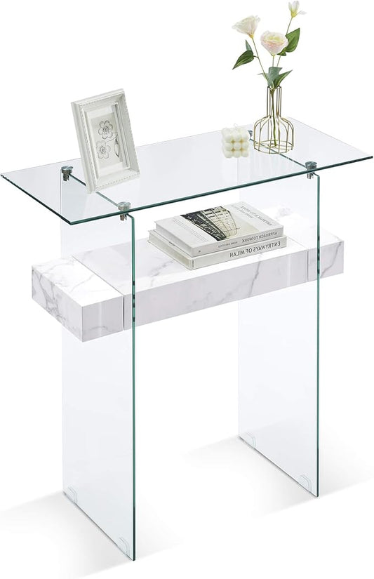 ivinta Glass Console Table with Storage, 31.5'' Modern Narrow Sofa Table with Storage Shelves for Living Room, Hallway, Foyer, Bedroom 5103 (White)