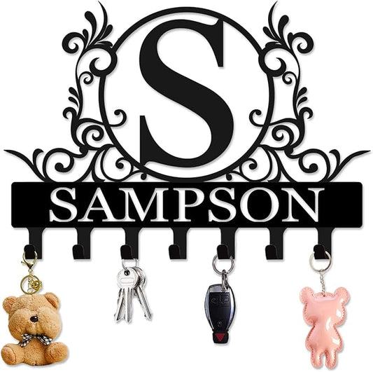 Personalized Metal Key Holder Wall Mount with Family Name Custom Key Hooks Wall Mounted Key Hooks Monogram Name Decor for Kitchen Entryway Hallway Office Doorway