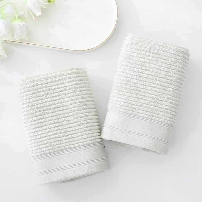 YiLUOMO White Hand Towel Set of 2 Soft Ribbed Striped Pattern 100% Cotton Absorbent Decorative Towel for Bathroom 13 x 29 Inch