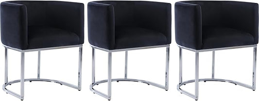 Velvet Dining Chairs Set of 3 Modern Barrel Arm Chairs with Chrome Metal Frame, Upholstered Kitchen Chairs 18.5" Wide Accent Chairs for Living Room Dining Room Restaurant, Black
