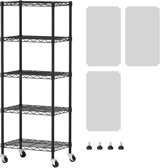 SINGAYE 5 Shelves Storage Shelf Wire Closet Bathroom Organizers Metal Pantry Kitchen Small Garage Shelving Unit Laundry Room Organization Home Narrow Rack Net Basket with Wheels Black