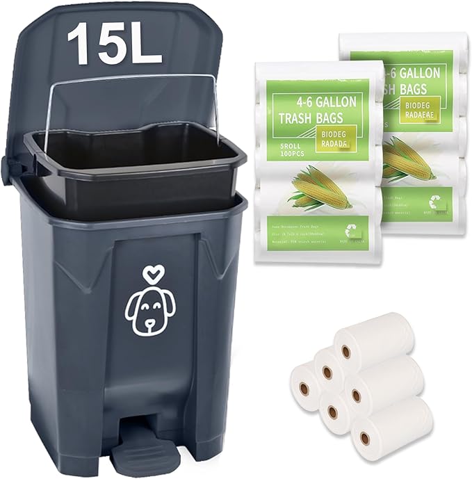 Outdoors Dog Poop Trash Can with Lid & 290PCS Waste Bags, Cute Dog Waste Trash Can for Dog Poop, Yard, Home, Garden, Kitchen, 15 Litre Grey Step with Removable Inner Bin, AG