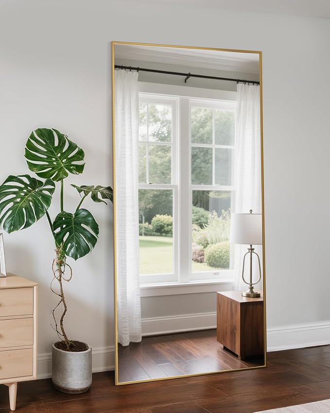 Full Length Mirror, 71"x26" Oversized Floor Mirror Freestanding, Full Body Mirror Floor Standing Mirrors with Stand, Hanging Mounted Mirrors for Bedroom Living Room, Gold, Rect Style